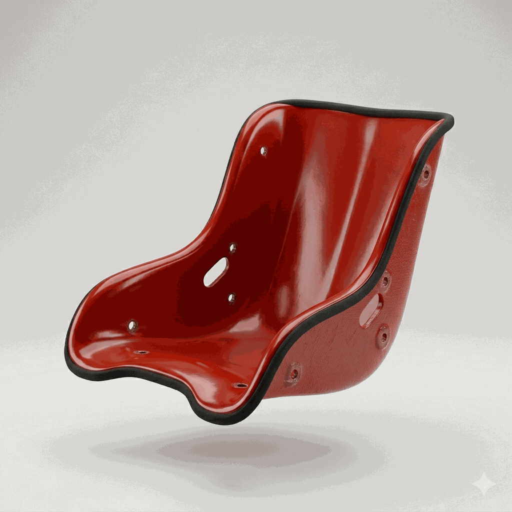 Asiento racing de fibra de vidrio rojo con bordes acolchados